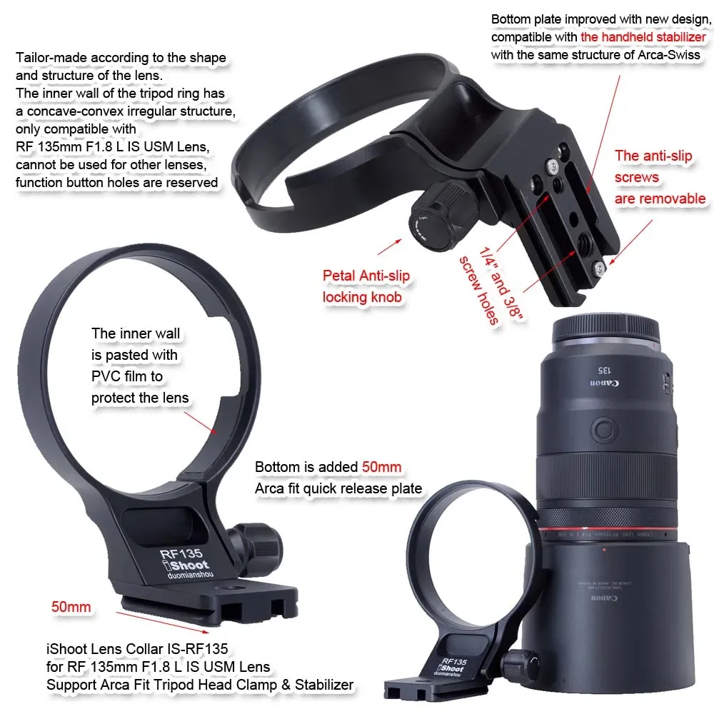 iShoot Lens Collar Tripod Mount Ring Support for Canon RF 135mm f/1.8 L IS USM, with Arca-Swiss Quick Release Plate