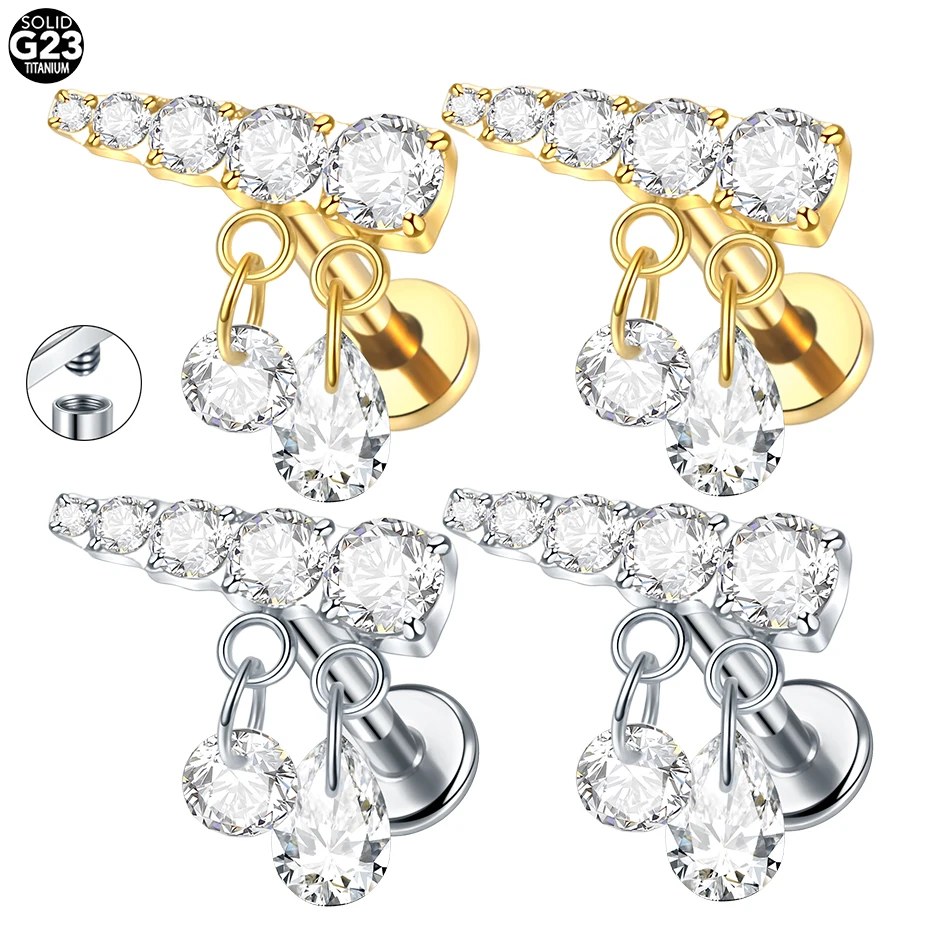 1PC Titanium 16G Marquise Zircon Stud Earrings Internally Threaded Labret Monroe Lip Cartilage Helix Piercings Jewelry for Women