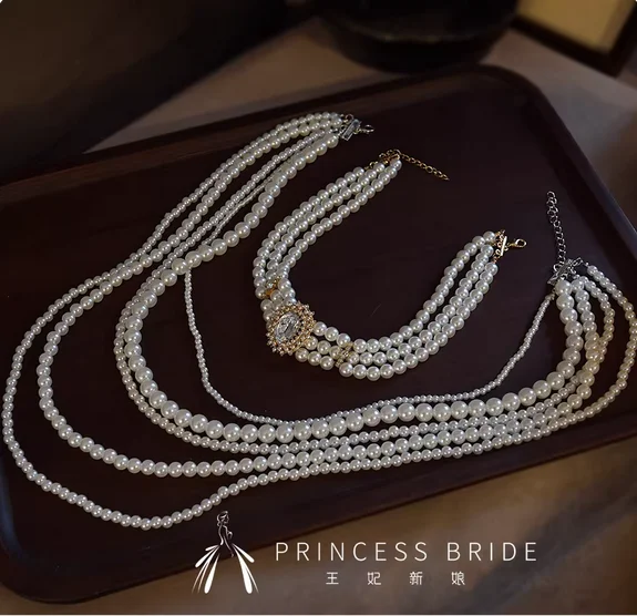 

Невеста 2025, многослойная жемчужная цепочка на шею, складная цепочка для свитера Dai Fugu для женщин и старшего возраста, весна и лето