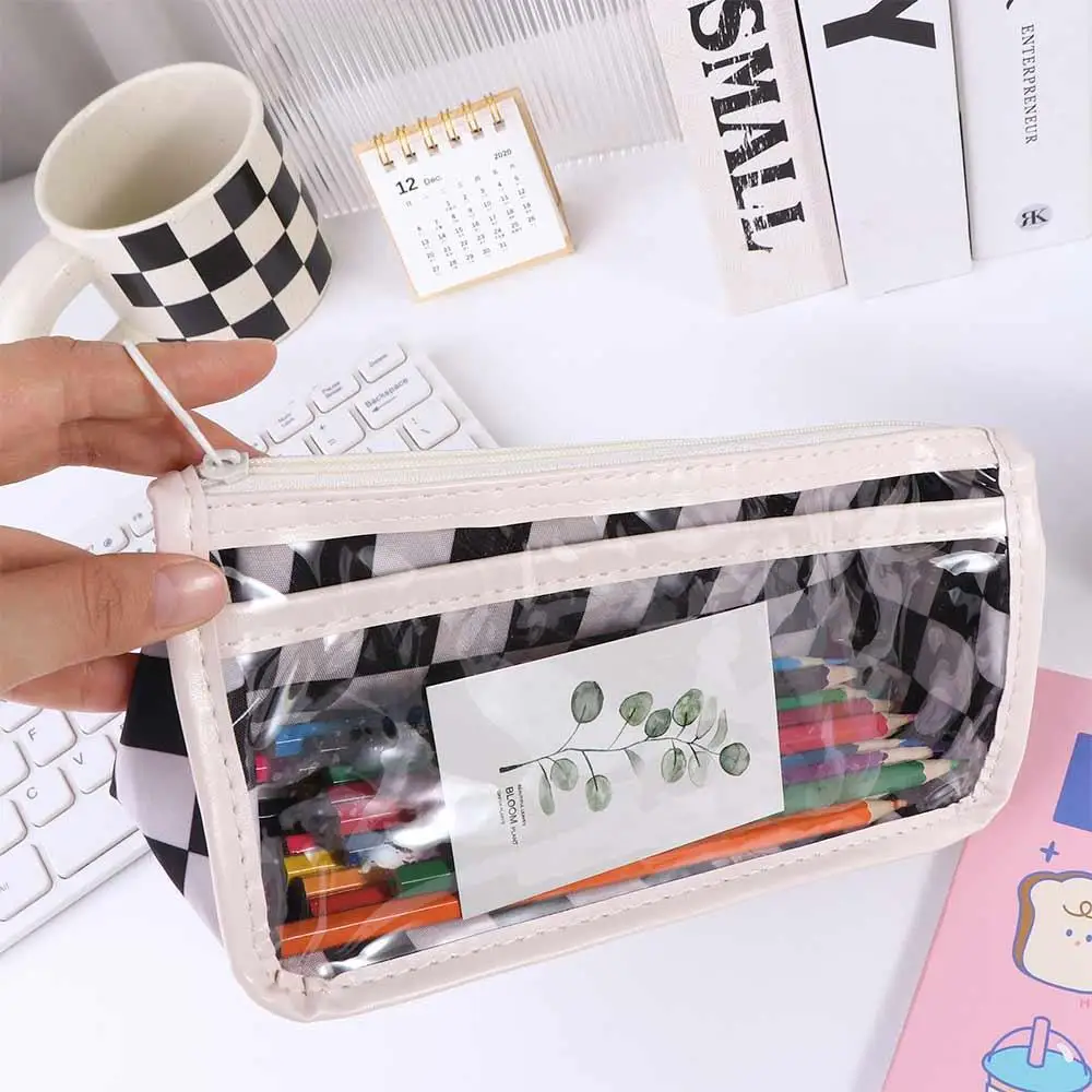 

Transparent Checkerboard Pattern Pen Case Waterproof High Capacity Kids' Pencil Cases PVC Ins Lattice Pencil Bag Student Gifts