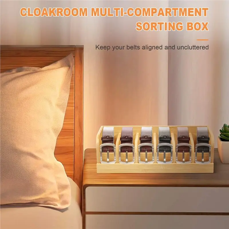 PORK-Бамбуковый 6-сетчатый органайзер для ремня, коробка для хранения часов, аксессуары для гардероба, коробка для хранения галстуков