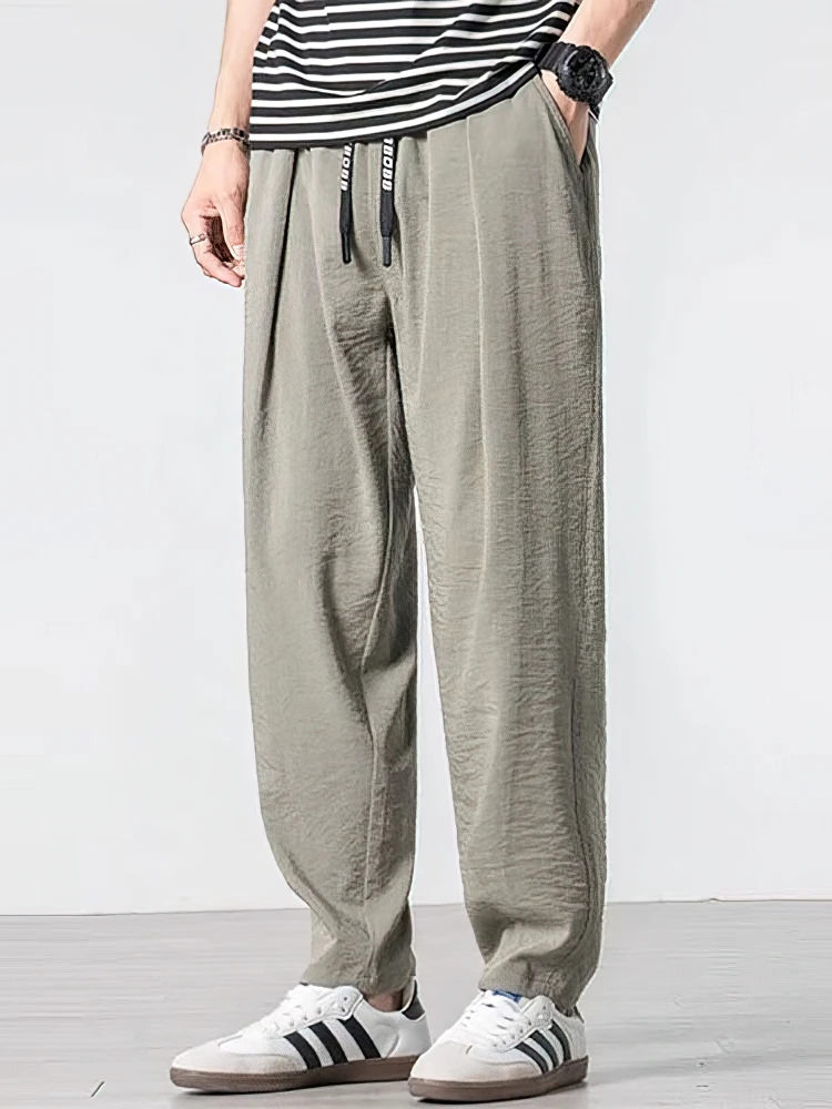 여름 코튼 캐주얼 조깅 린넨 바지 남성 아이스 실크 헐렁한 바지 남성 워킹 와이드 레그 루즈 스웨트 팬츠 중국어