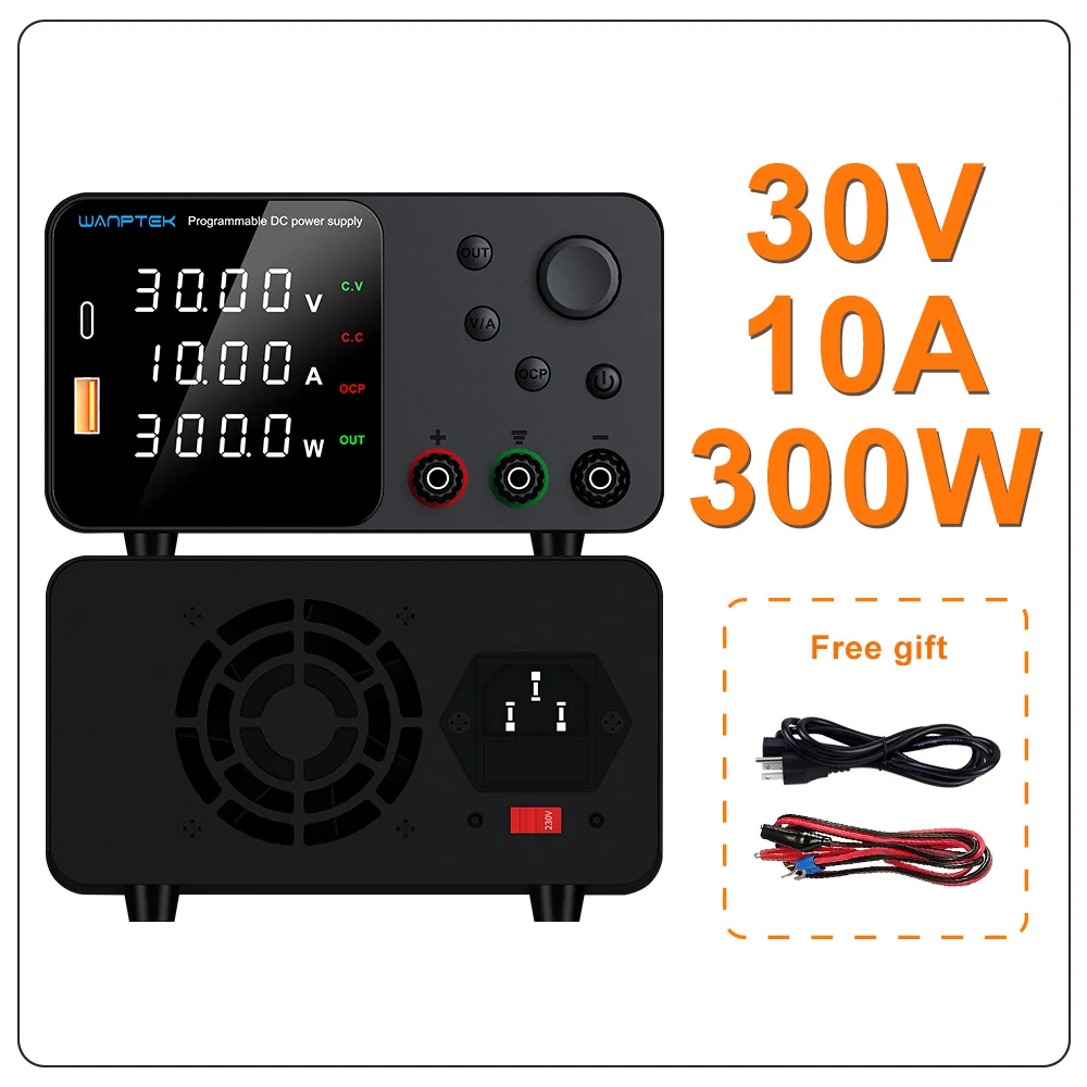 

Wanptek TPS3010 Adjustable Power Supply 30V 10A, suitable for USB-A/Type-C fast charging function, preset current.