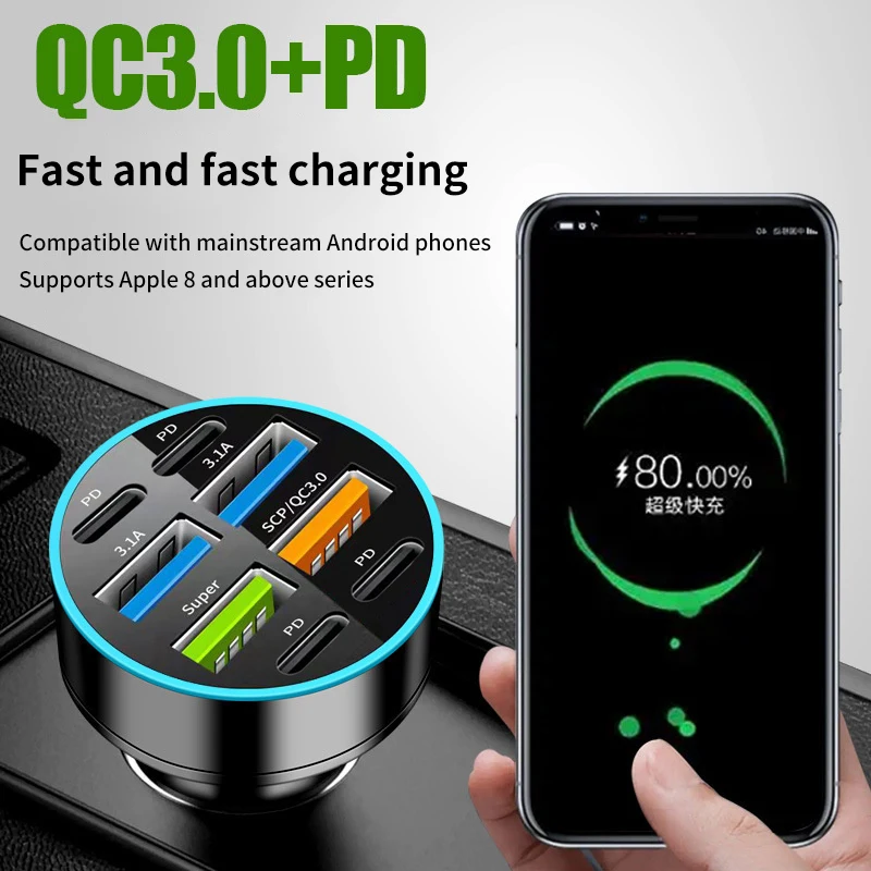 8-Port Car Charger 4USB+4Type-C PD Fast Charging Truck Vehicles Phone Adapter For Iphone Android Phone Laptop Tablet For Macbook