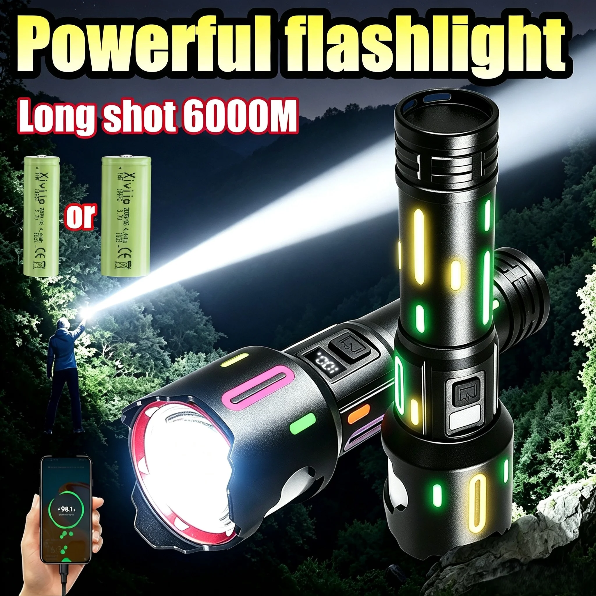 Powerful 900W LED Flashlight 6000M Long Shot Super Bright Torch USB Rechargeable Flashlight For Camping Hunting Fishing Hiking