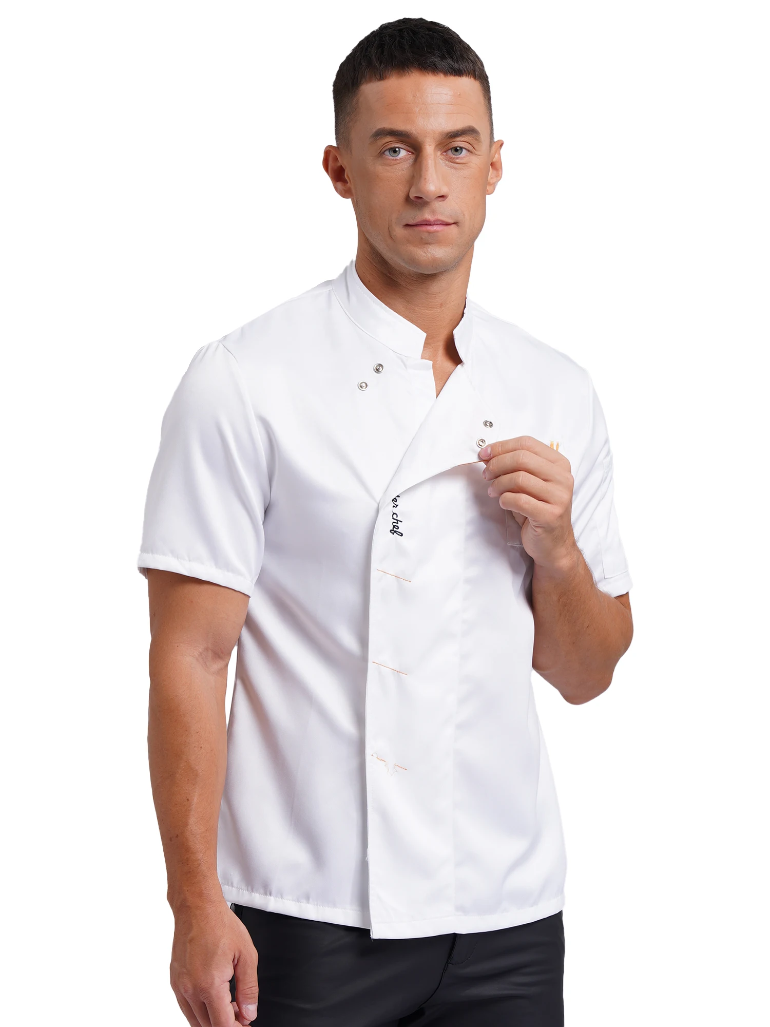 Jaqueta Chef manga curta com carta bordada para homens e mulheres, uniforme de cozinha, casaco de cozinheiro, tops para padeiro, garçom, restaurante, roupas de hotel