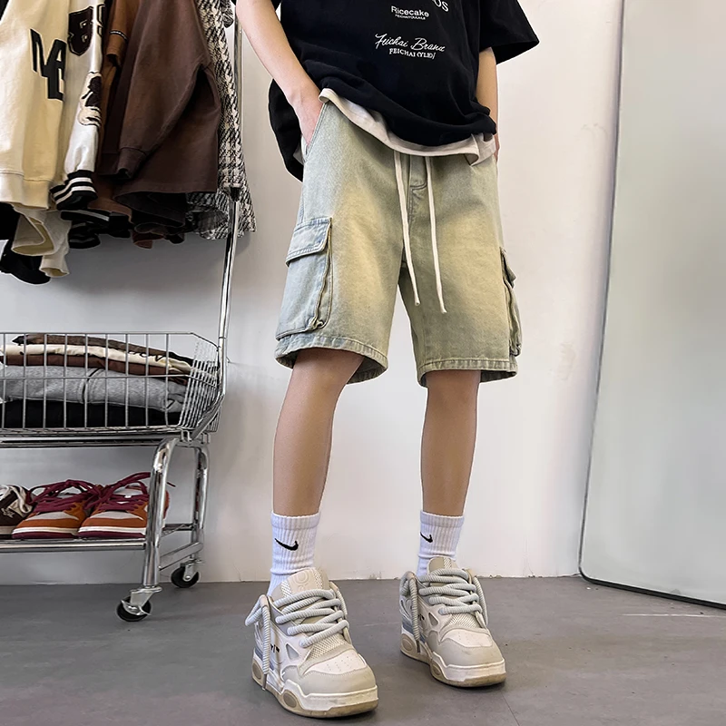 الصيف الرجال الدنيم السراويل فضفاضة جيوب مستقيمة البضائع الجينز مرونة الخصر خمر واسعة الركبة طول سراويل قصيرة الشارع الشهير