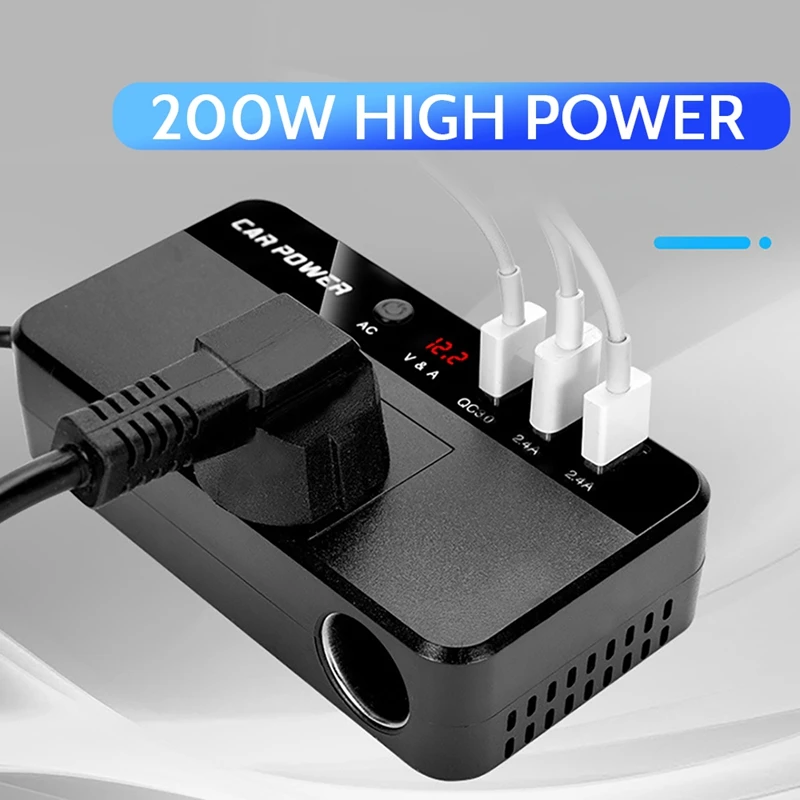 200W Car Inverter DC 12V To AC 220V Power Converter Splitter 3 USB Fast Charging Universal Socket Smart Voltage Monitor