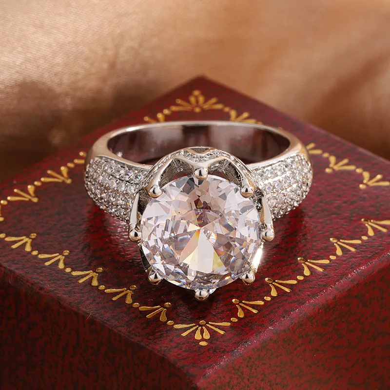 New Grand Crown 5-carat Zircon Six Claw Inlaid Women's Fashion Ring Jewelry