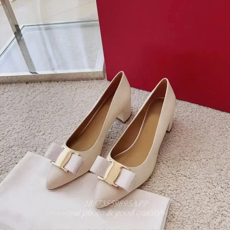 JP GP BD spring and summer new leather pointe women's sandals low heel wedge bow shallow mouth simple sandals