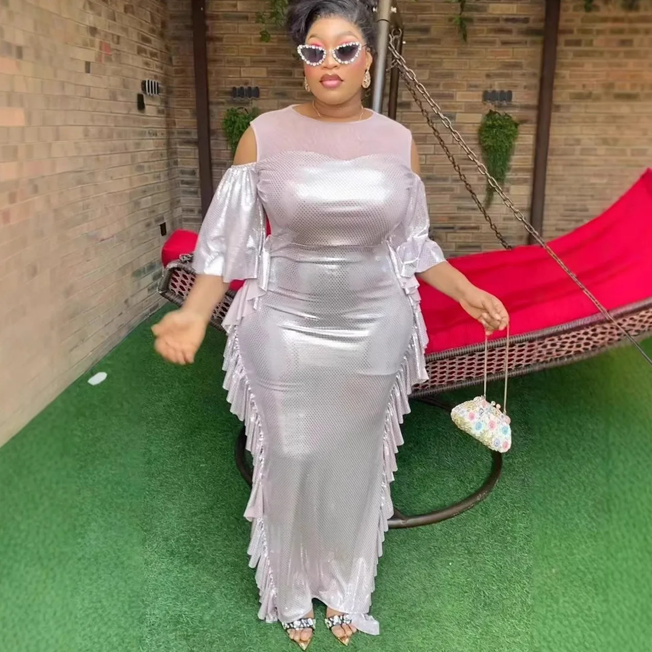 

Traditional African Clothing African Dresses for Women Elegant Short Sleeve Dashiki Pleated Maxi Dress Ladies Fairy Dreaes