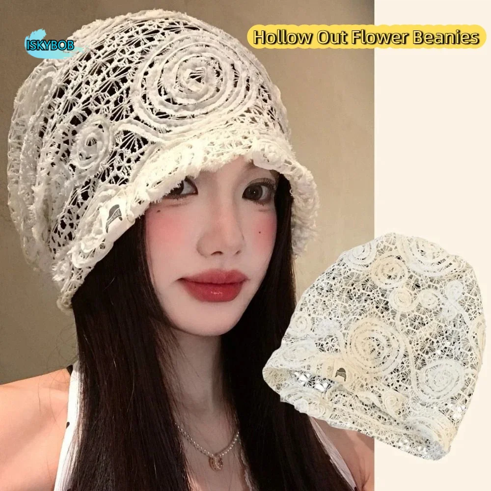 

Fashion Embroidered Lace Hat Spicy Girl Thin Hollow Out Flower Beanies Korean Style Breathable Flower Pile Hat Outdoor