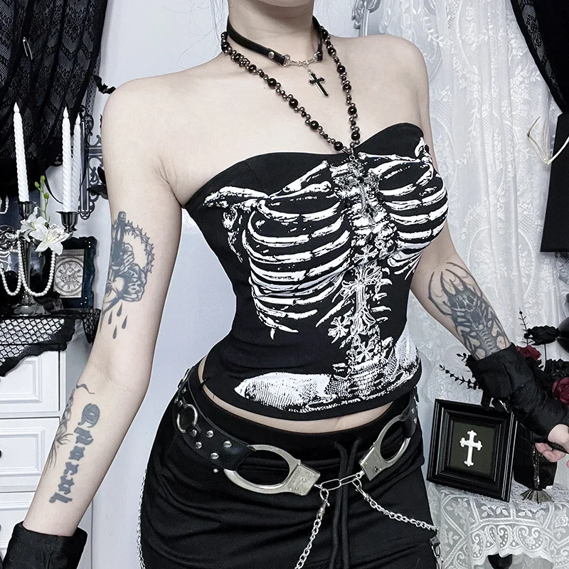 Estate Americano Gotico Scuro Sexy Backless Maglia da Donna Stampa Teschio Punk Y2K 2000s Canotta Corta Estetica Sottile Top Streetwear