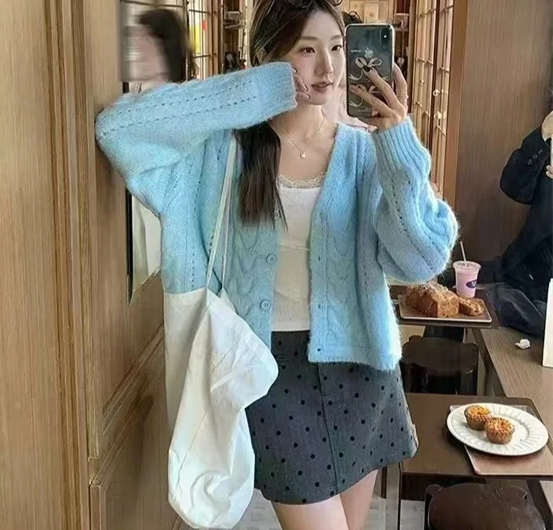 

Повседневный элегантный свитер, пальто с v-образным вырезом, свободный утолщенный однотонный вязаный свитер