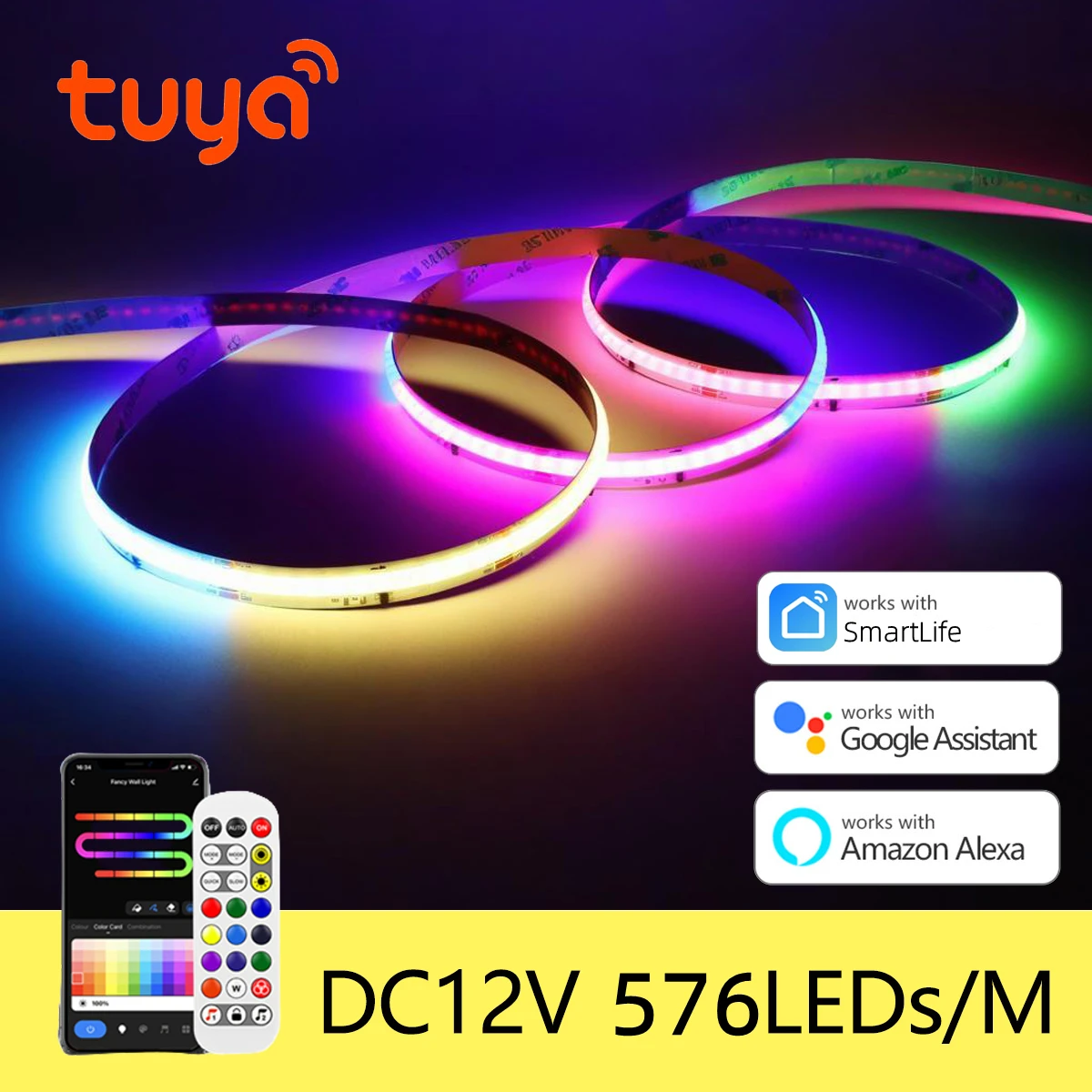12V Tuya Smart Life App Control RGBIC COB LED Strip Light DIY Addressable WS2811 IC Flexible Tape Ambinet Light for Alexa Google