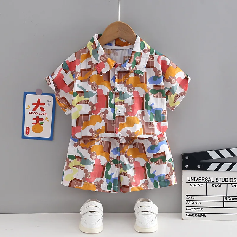 

2024 Boutique Baby Boy Summer Sets Clothes for Kids Boys 2 To 3 Years Cartoon Single Breasted Shirts Tops and Shorts Tracksuits