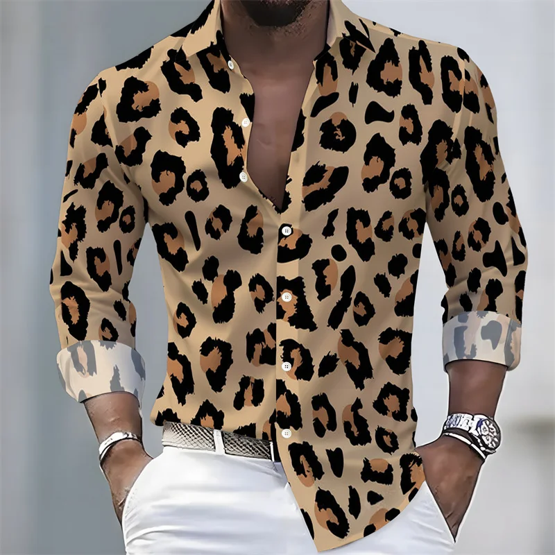 New Men's Leopard Print Long-Sleeved Shirt, Trendy Retro Slim-Fit Turn-Down Collar Casual and Stylish Men's Shirt, Sizes S-6XL.