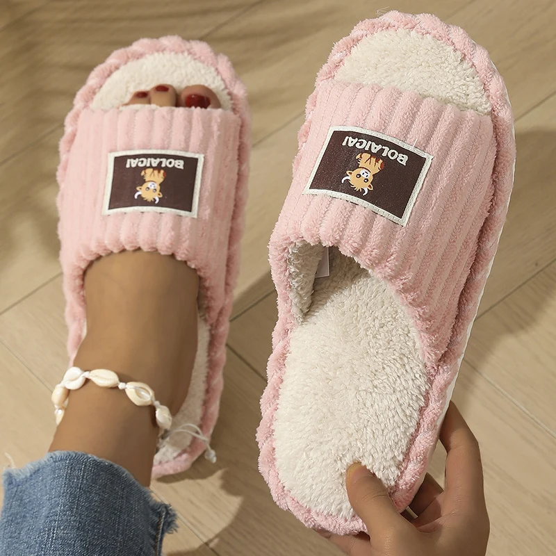 Open Toe Cute Cotton Slippers For Women Autumn Winter Stripe Corduroy Home Slides Woman 2026 Soft Flat Sole Warm Plush Slippers