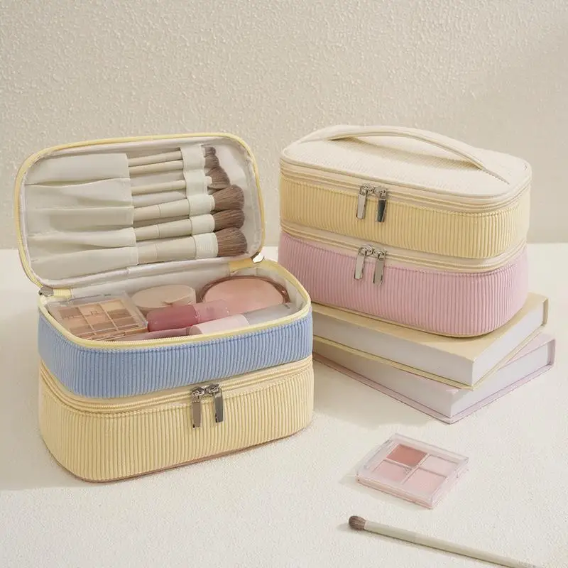 Corduroy Double Layer Portable Makeup Bag Large Capacity With Brush Storage Slots Perfect For Travel Daily Cosmetic Organizer