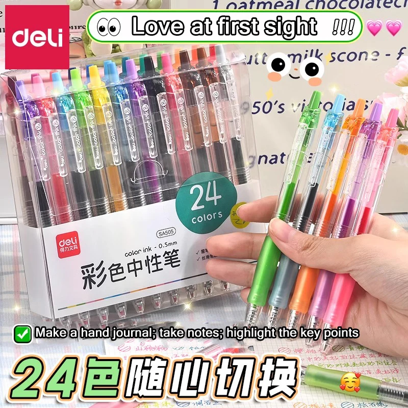 Deli Colored Retractable Gel Pen Set,6/12/24pcs Multi Colors 0.5mm Fine Tip Perfect for Note-Taking,Journaling&Creative Projects