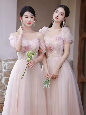 Pink Wedding Bridesmaid Dress Exquisite Appliques Short Sleeve Evening Dresses Summer Elegant Women's Tulle Prom Gowns