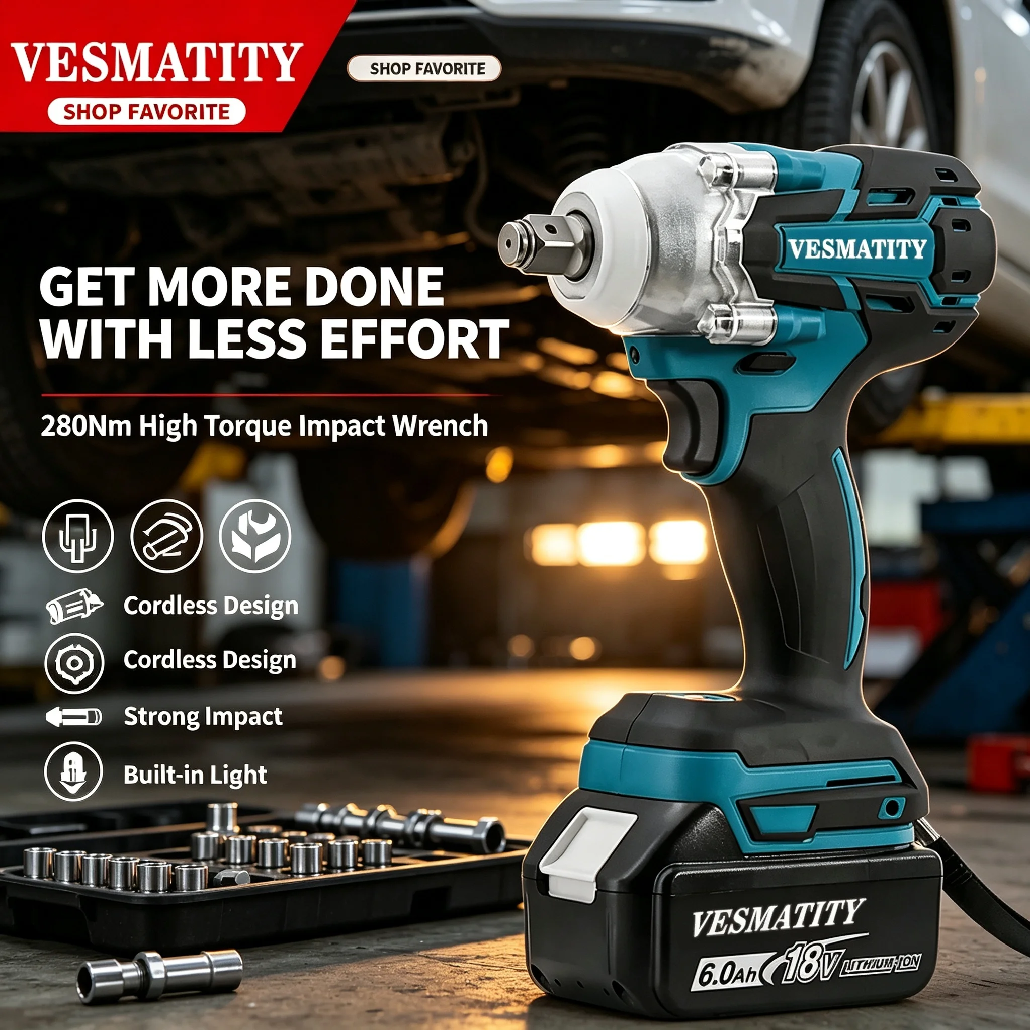Power Tool for 18V-20V Battery Heavy Duty VESMATITY DTW285 18V Brushless Cordless Impact Wrench 280N.m 1/2 Inch Drive