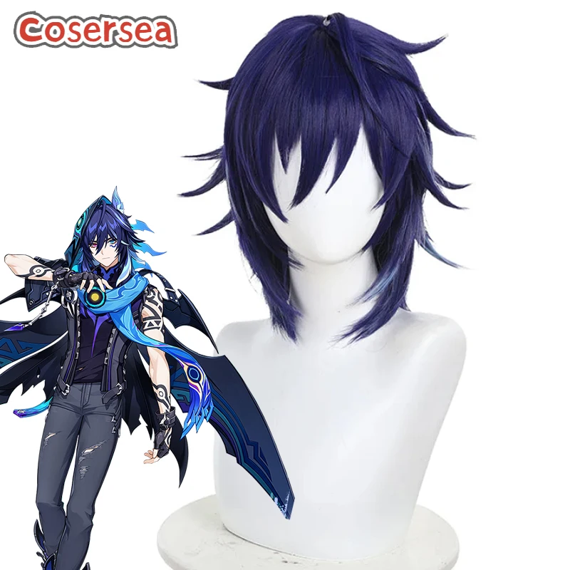 Cosersea ororon natlan cosplay perucas genshin impacto ororon natlan 40cm longo misturado azul masculino cos peruca de cabelo sintético resistente ao calor