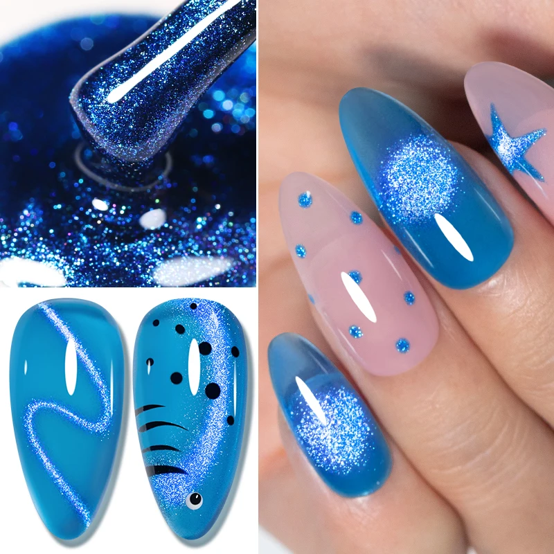 Kristallblauer Katzenaugen-Gel-Lack mit Glitzer, magnetisch, UV-Abziehbar, semi-permanenter Nagellack für DIY-Schmetterlings-Nagelkunst