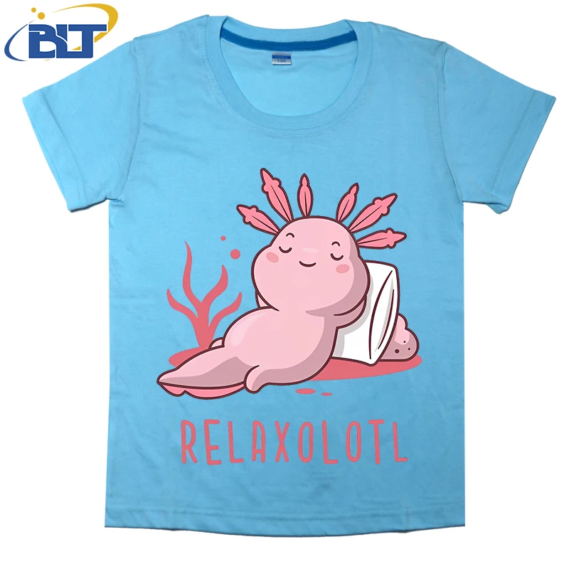 Camiseta divertida con estampado relajante axolotl para niños, tops casuales de manga corta de algodón para niños y niñas, Verano