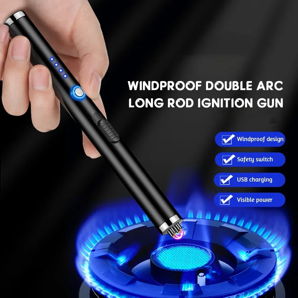 Metal Long Windproof Pulse Arc Flameless USB Plasma Electric Lighter LED Display Power Outdoor Kitchen Candle Lighter Men's Gift