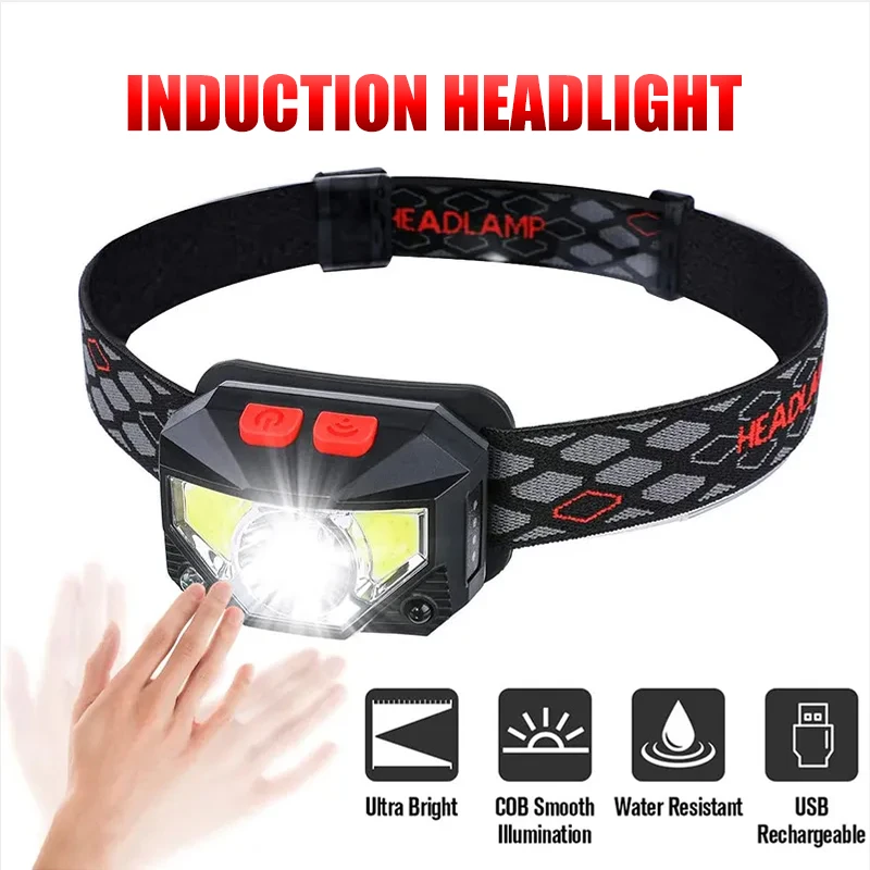 8 Modes Motion Sensor XPE+COB LED Headlamp Flashlight USB Rechargeable Waterproof Camping Head Lamp Running Fishing Headlight