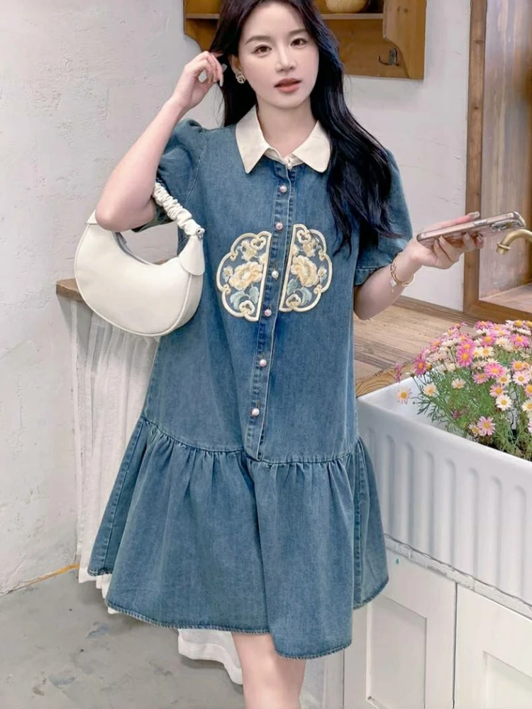 New Women Clothing 2024 Summer Slim Female Vestidos POLO Collar Embroidery Dress Retro Denim Loose Puff Sleeve Mid length Skirt