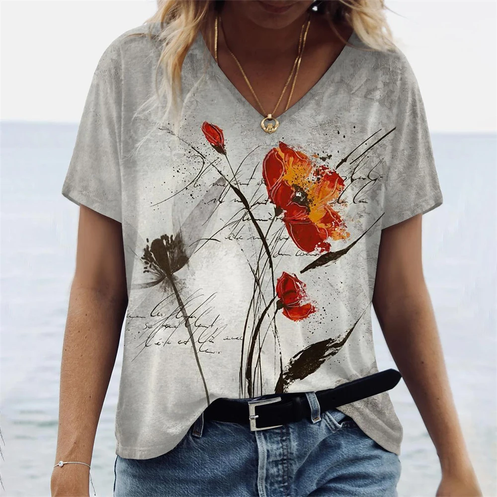 

Summer Gradient Graphics Tops Women's T-Shirts V Neck Fashion Female Vintage Clothing Floral Print Tees Loose Oversized T Shirts
