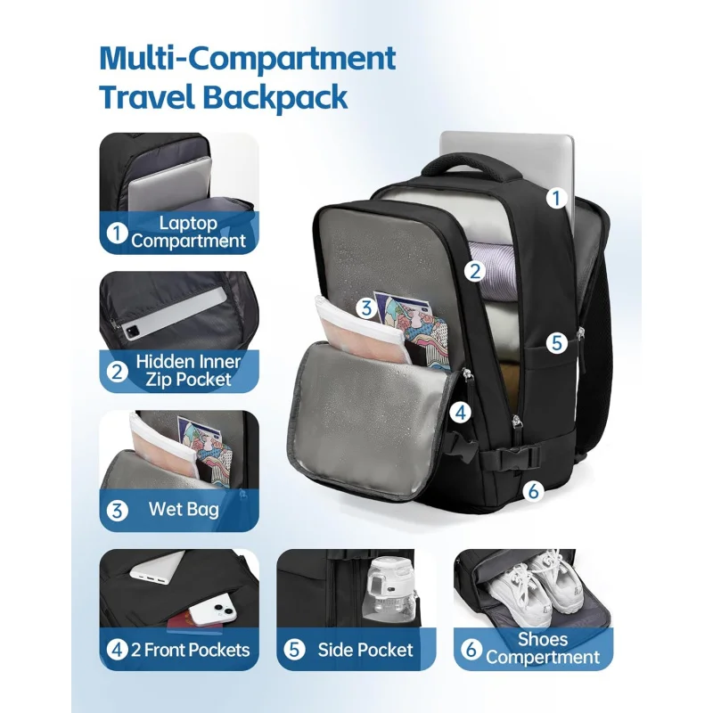 سفر للنساء والرجال، حقيبة ظهر للكمبيوتر المحمول مقاس 14 بوصة معتمدة من شركة الطيران، حقيبة أمتعة مقاومة للماء مع Sho