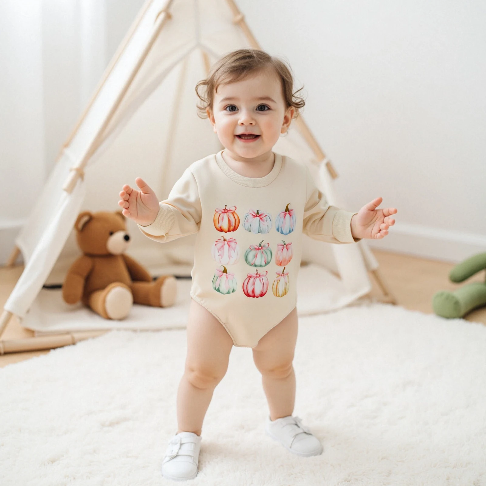 

Newborn Halloween Costume Baby Girls Romper Long Sleeve Crew Neck Pumpkin Print Bodysuits