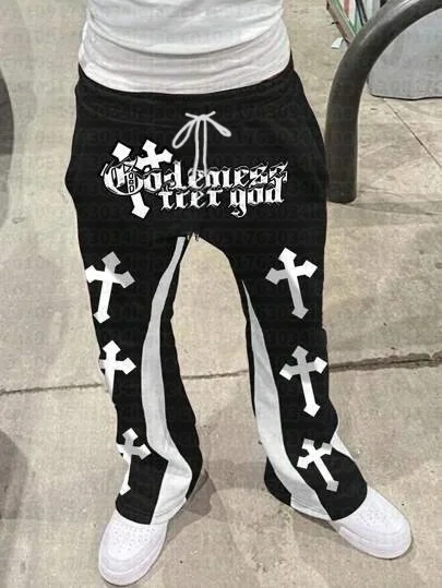 Herren Casual Street-Style Trendige Cross-Print Modische Leicht Ausgestellte Schwarz-Weiß Farbblock-Design Jogginghose Kinderhose – Detail 8
