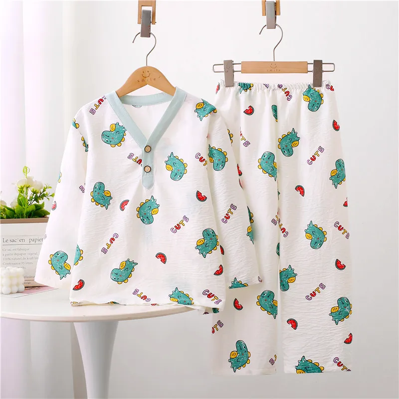Kids Summer Thin Breathable Pajamas Loungewear Boys Girls Cute Cartoon Print Long Sleeve V-neck Casual Sleepwear Clothing Sets