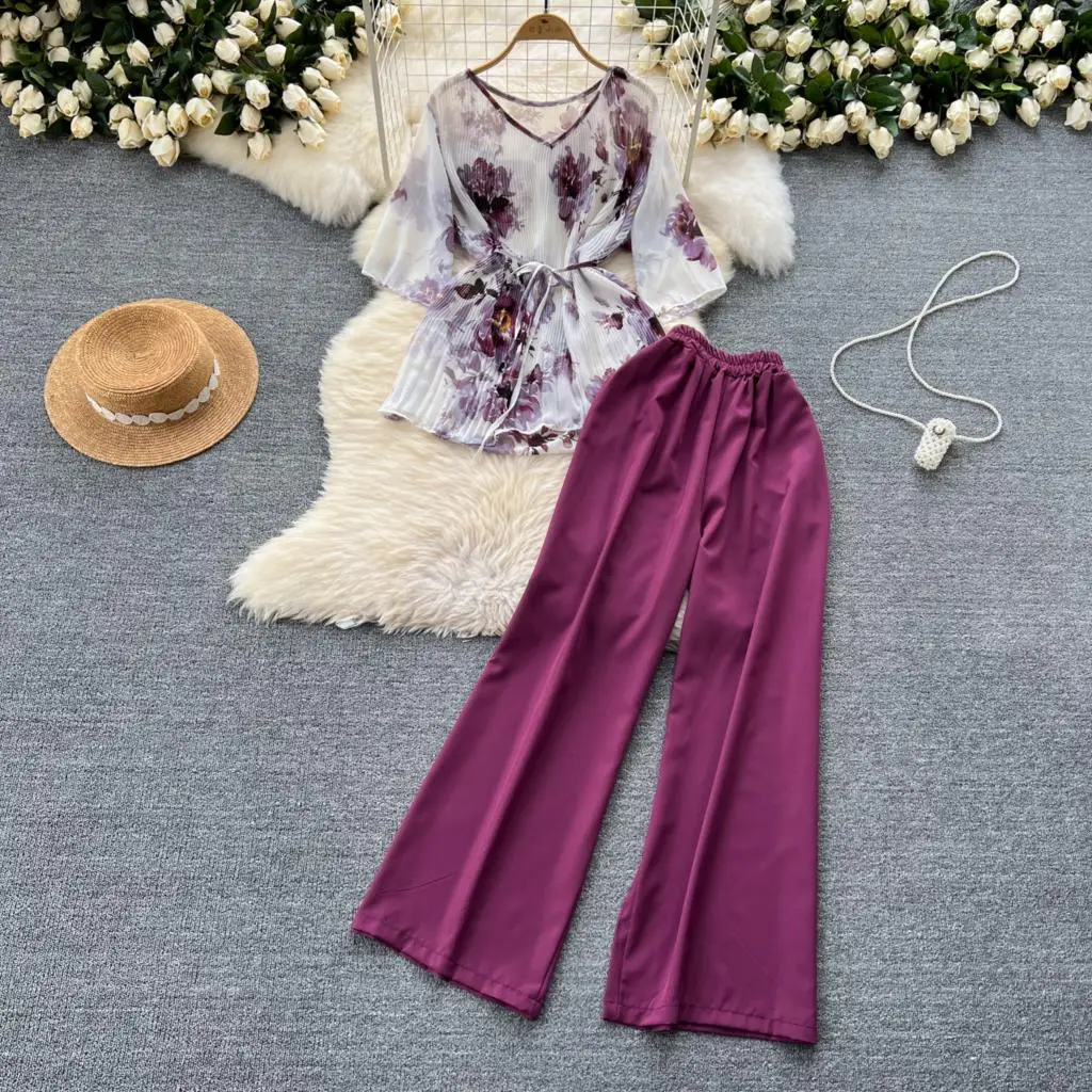 Elegant and Chic Women Floral Summer Pantsuit Chiffon Lace Shirts Top Wide-Leg Pants Two Pieces Set Female Clothes New Outfits