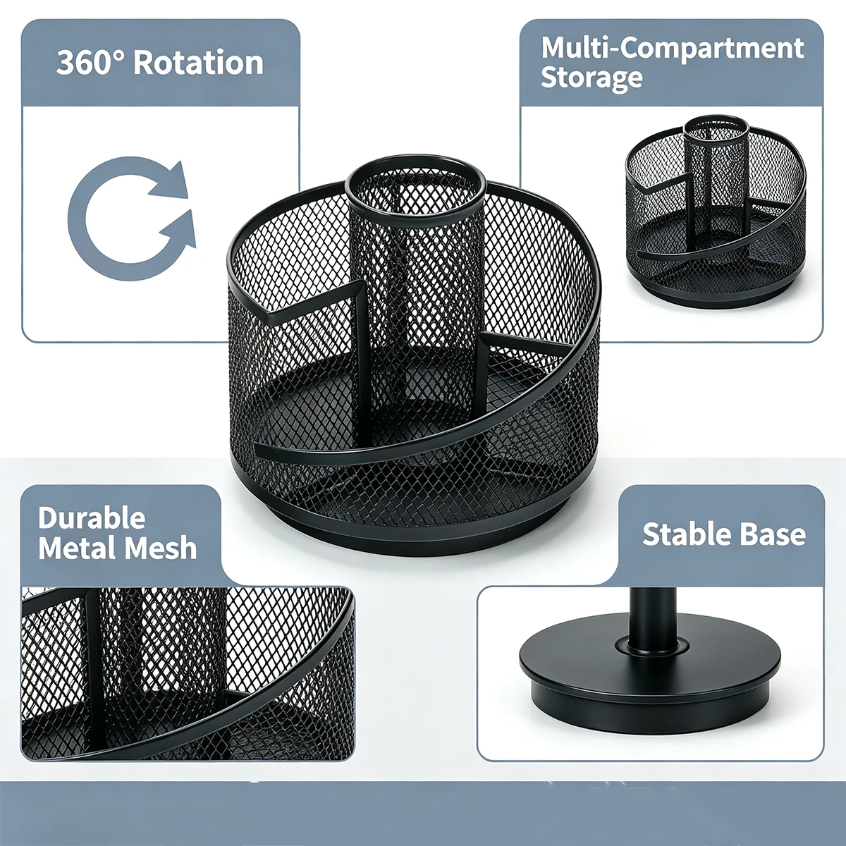 360 Degree Rotating Metal Mesh Desk Organizer,Multi‑Compartment Pen Pencil Holder Desktop Stationery Storage for Office  Black