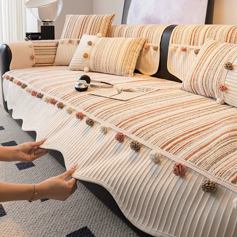 Autumn Winter Short Plush Sofa Cushion with Striped Wavy Edges Black White Vertical Stripes Sofa Protection Pad for Couch