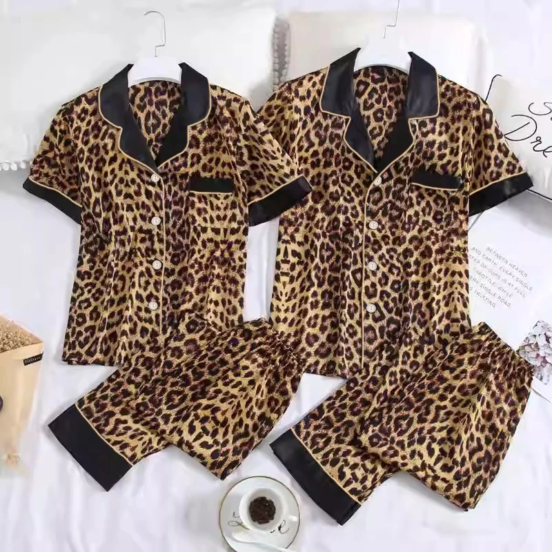 Women Sleepwear Set Rest Summer Autumn Pajama Set Turn Down Collar Faux Silk Satin Short Sleeve Leopard Female Pijama Home Wear