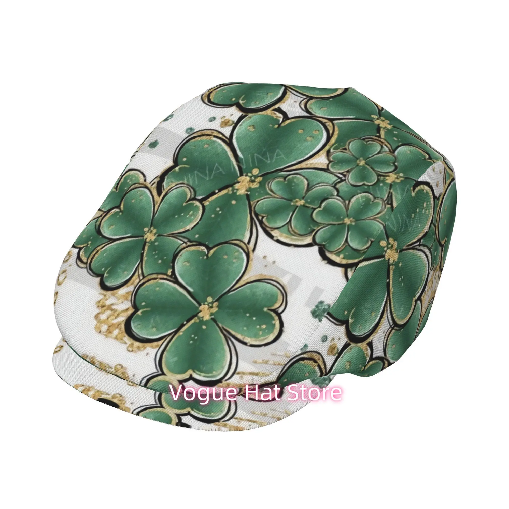 1pc Green Clover Golden Pattern All-over printed beret, men and women Adjustable Flat Cap suitable for all seasons Newsboy Beret