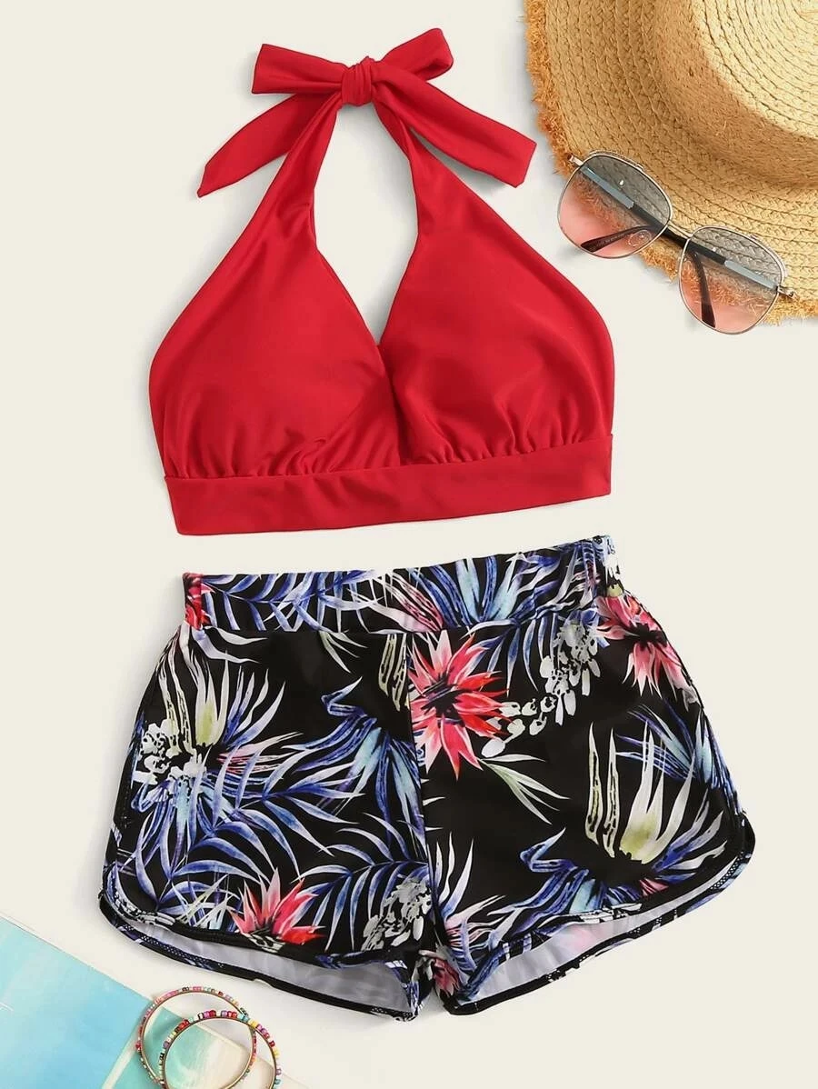 Vintage strój kąpielowy kobiety dwuczęściowy strój kąpielowy szorty Bikini Set Halter kontrola brzucha Bikini letni plażowy strój kąpielowy