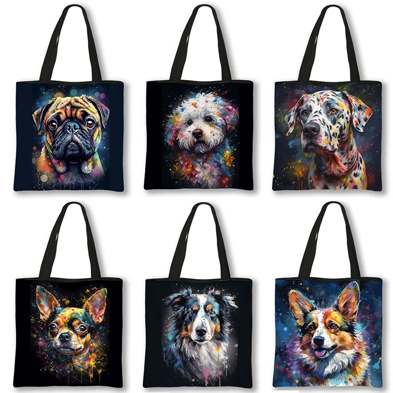 

Watercolor Graffiti Dogs Print Shoulder Bag Women Corgi Dalmatians Totes Bags Large Capacity Handbag Reusable Shopping Bags Gift