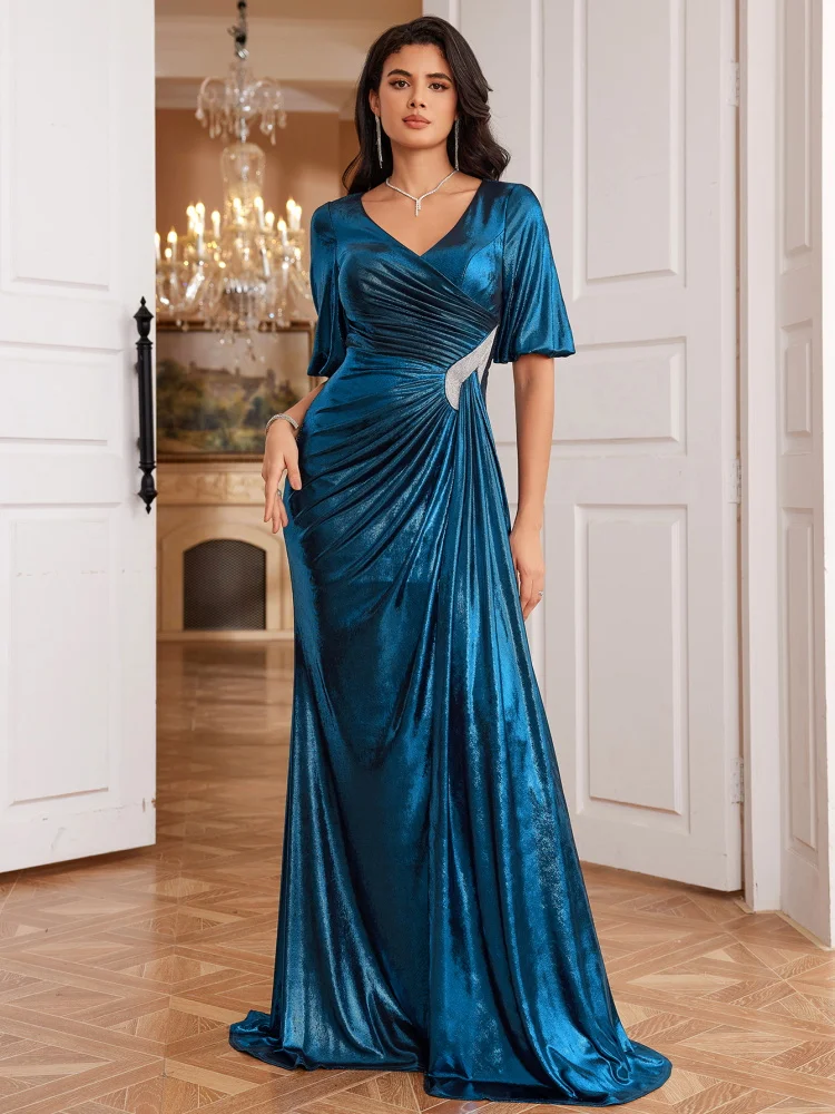 Lucyinlove Elegant V Neck Blue Evening Dress Long 2025 Luxury Women Satin Short Sleeves Party Prom Floor Lengt Cocktail Dress