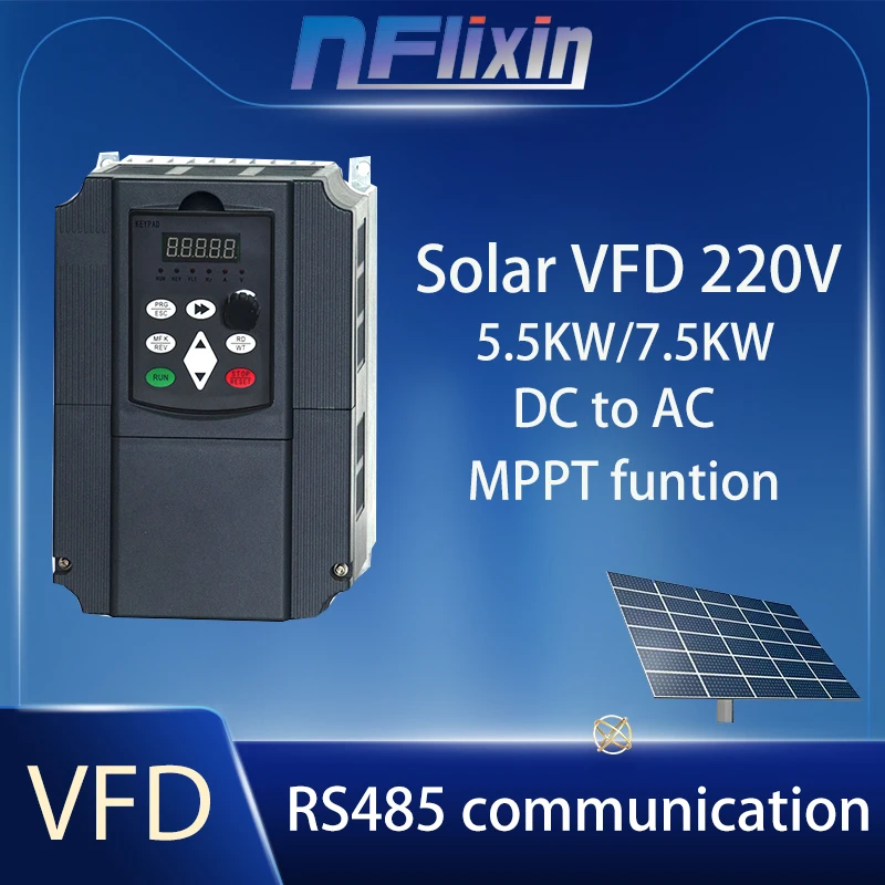 Solar VFD RS485 220V 3Phase Variable Frequency Inverter 0.75/1.5/2.2/4/5.5/7.5KW Converter Drive for Motor Pump Speed