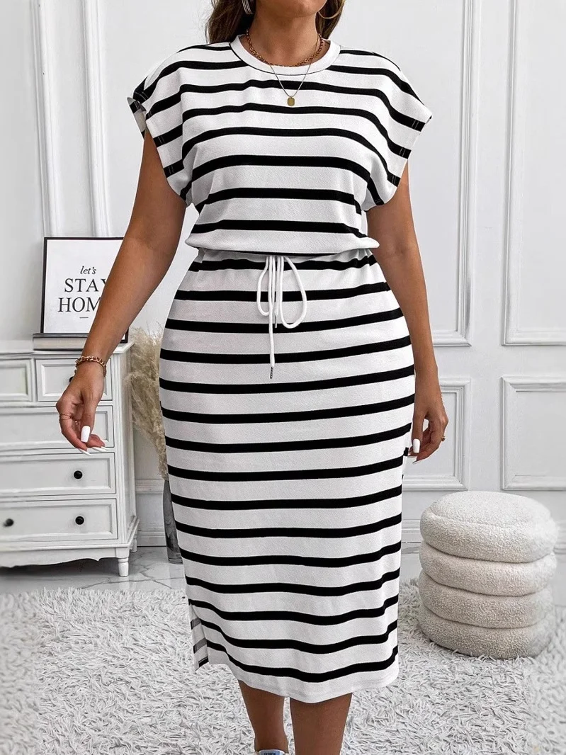 

Women's round Neck Striped Dress Lace up Casual High Waist Loose Fit Full Sleeve Other Material Summer New Style Chinese Brand