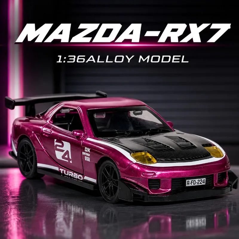 1:36 Mazda RX7 Modified Alloy Diecast Racing Car Open Doors Hood Rubber Tire Pull Back Classic JDM Style Collectible Gift