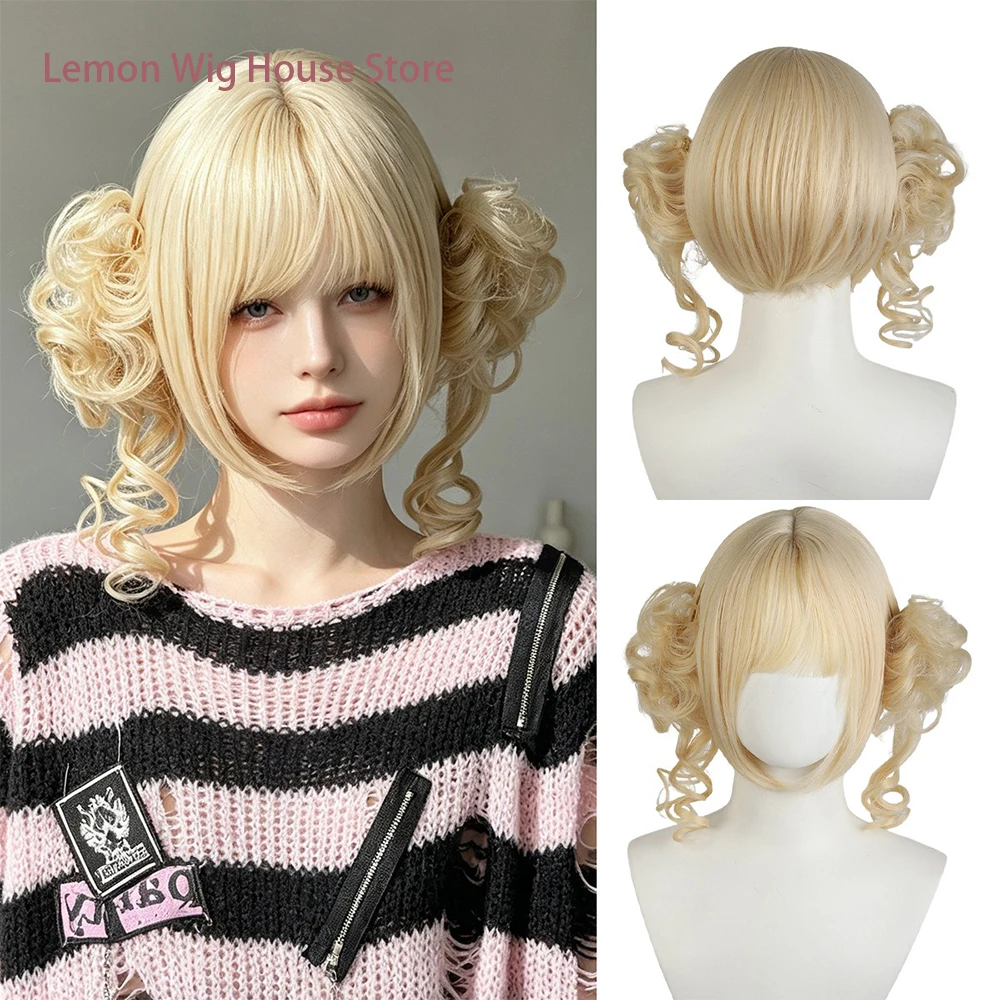Light Blonde Short Wig Detachable Double Ponytails Synthetic Lolita Cosplay Wig for Women Halloween Costume Wigs Heat Resista