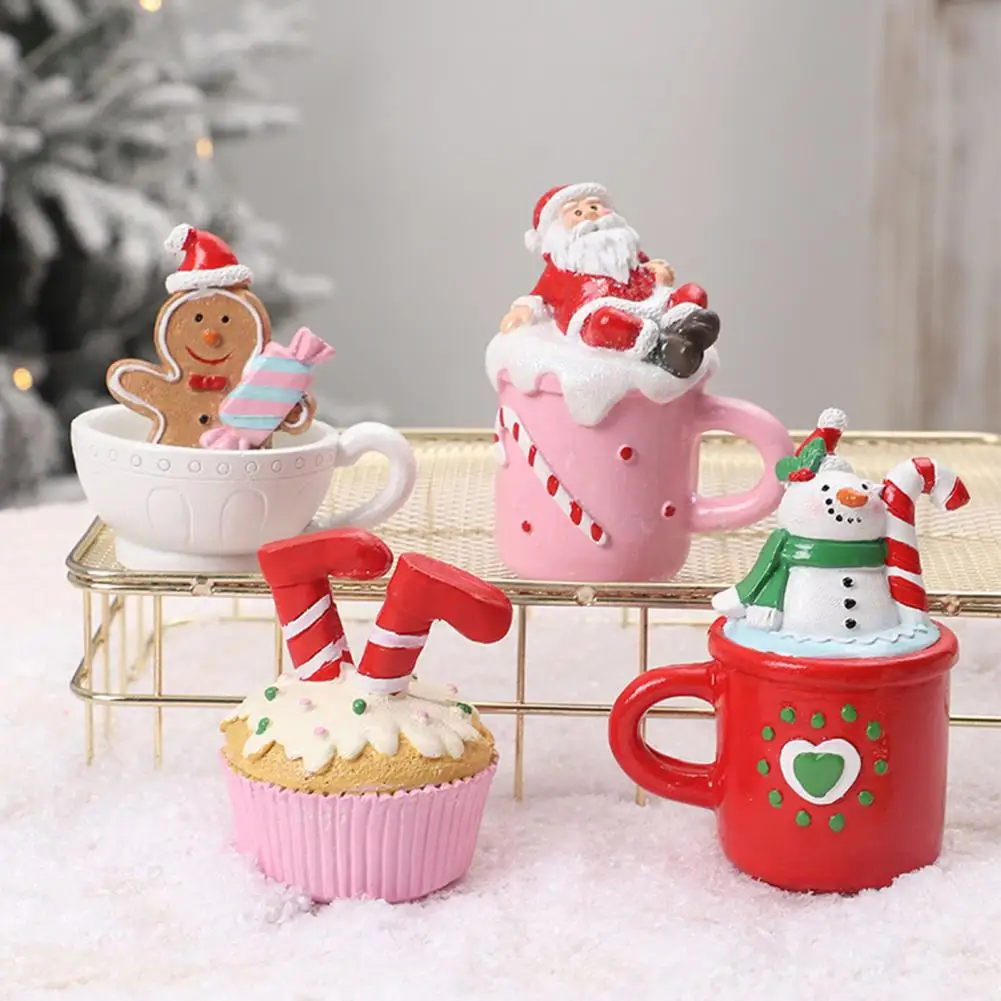 Mini Coffee Mug Decor Resin Christmas Decoration with Faux Whipped Cream Toppers Santa Snowman Tabletop Figurine Party Supplies